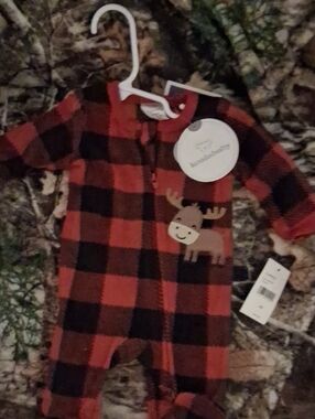 Red and Black Plaid Footed One-Piece with Moose Graphic - Kids